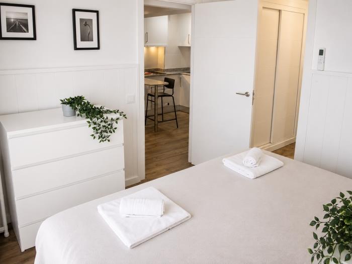 Dormitorio moderno y luminoso con acceso a cocina equipada y ambiente acogedor.