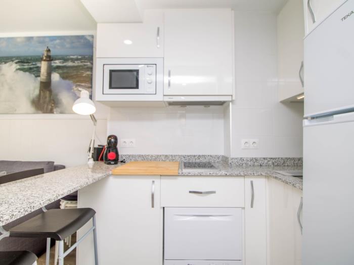 Cocina moderna equipada con microondas, cafetera y espacio funcional para una estancia cómoda.