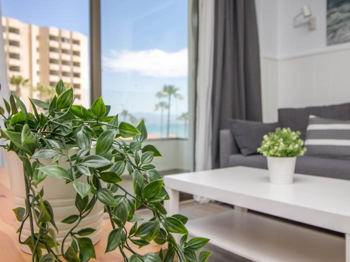 Salón moderno con luz natural, decoración elegante y ambiente relajante cerca de la playa.