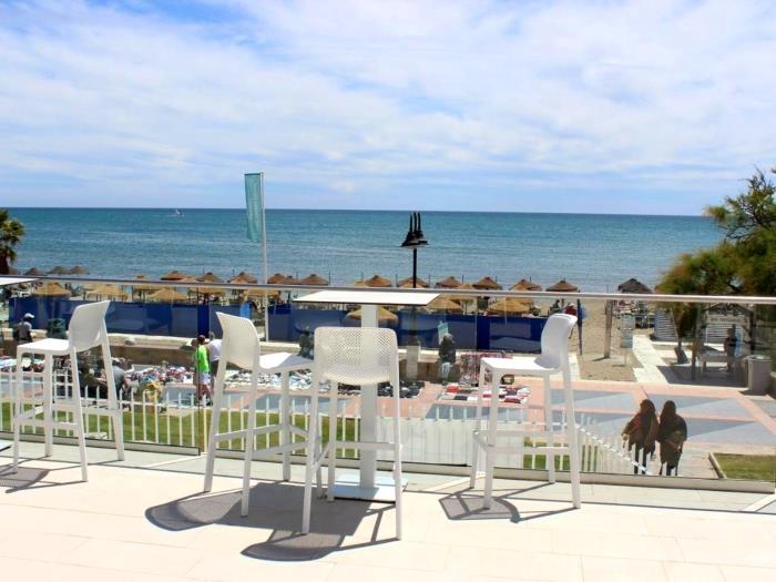 Playa junto al mar con noria, palmeras y ambiente turístico ideal para disfrutar del sol.