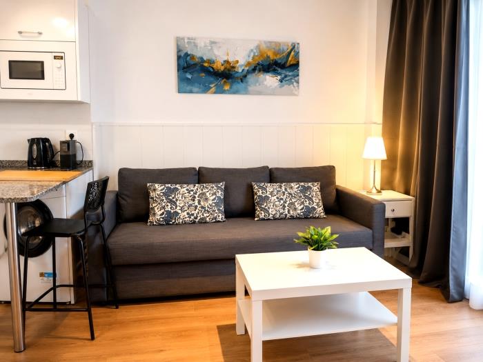 Modern apartment with cozy living area, equipped kitchen and elegant décor near the beach.