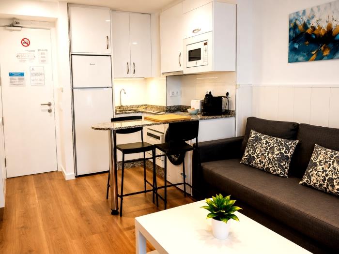 Modern apartment with equipped kitchen, cozy living area and elegant atmosphere near the beach.